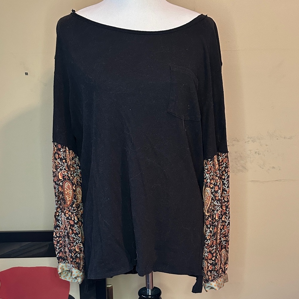 Free People We the Free Black Top with Patterned Sleeves